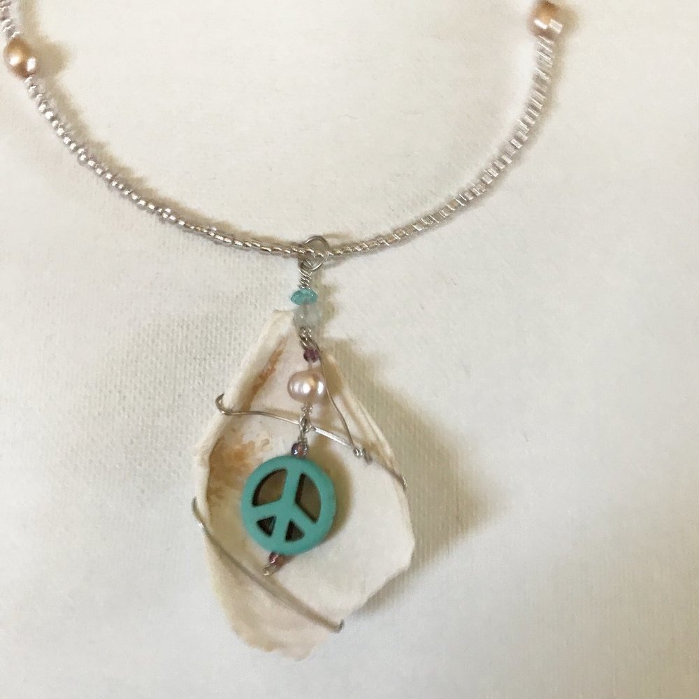 Peace Sign Shell Pearl Necklace Ocean Beach Boho Hippie Love Sea Surf Mermaid